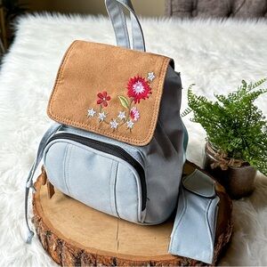 Y2K Mini Micro Backpack Denim Baby Blue First Kiss Floral Embroidered Phone Case
